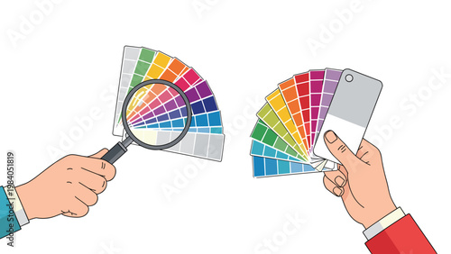 Two designers hold color swatch palettes and use a magnifying glass to carefully select the perfect hue for a project.