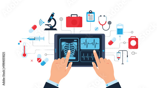 Healthcare professional uses a digital tablet to analyze medical data, chest x-rays, and heart rhythms in a modern clinic.