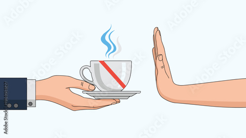 Person makes a stopping gesture with their hand to politely refuse a cup of hot coffee being offered by another individual.