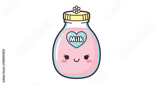 Cartoon pink milk bottle character.