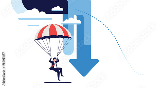 Businessman descends slowly with a red and white parachute while a large blue arrow points down to show a market crash.