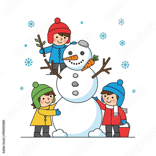 Children Building Snowman Winter Fun.