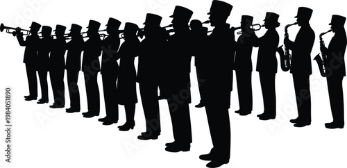 Marching band silhouettes, musicians playing instruments in parade formation for music event illustration