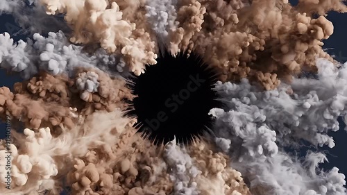 Abstract brown beige smoke explosion around dark void