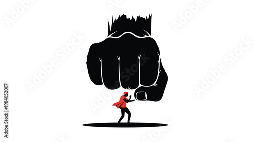 Small figure of a person in a red shirt courageously holds up and resists a massive black fist descending from above.