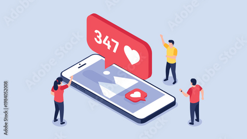 Small figures of people interact with a giant smartphone displaying a social media post with a high number of heart likes.