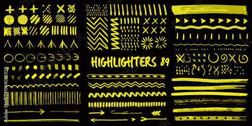 A collection of yellow highlighter style brushstrokes and abstract patterns
