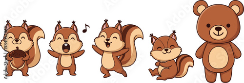 Cute squirrel and teddy bear cartoon characters vector set featuring playful animals singing dancing and sitting isolated illustration