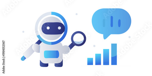 A friendly robot investigates data analysis and growth with a magnifying glass