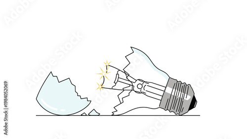 Shattered glass light bulb lies on a surface with sparks coming from the filament to represent a broken idea or failure.