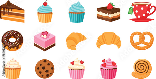 Delicious bakery desserts vector set featuring cupcakes cakes donuts croissants cookies pretzels and tea cup sweet collection isolated