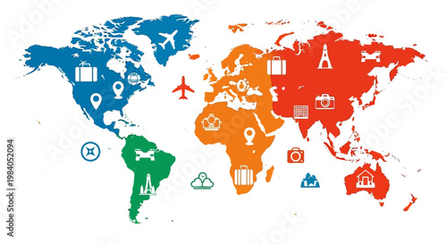Colorful World Map with Travel Icons.