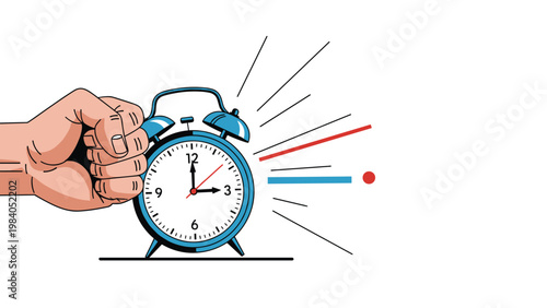 Determined hand makes a fist to stop a blue ringing alarm clock showing three o-clock to symbolize an early morning start.