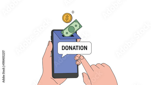 Mobile phone donation application concept with a hand holding a smartphone as coins and cash fall into the screen area.
