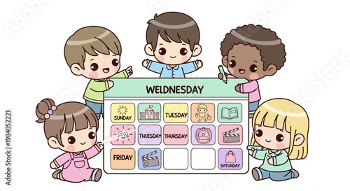 Diverse children holding calendar day.