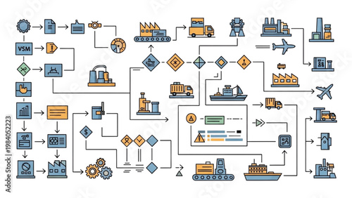Value Stream Mapping VSM Icon Set, Lean Manufacturing Process Symbols, Colorful Vector Icons for Supply Chain Logistics and Industrial Data Flow Map
