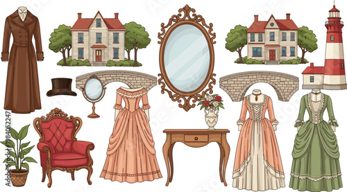 Vintage Victorian elements vector set featuring dresses furniture mirror house lighthouse and antique decor collection isolated illustration