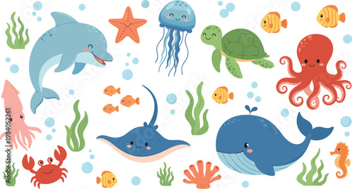 Cute sea animals vector set featuring dolphin whale octopus turtle jellyfish crab and fish underwater cartoon collection isolated