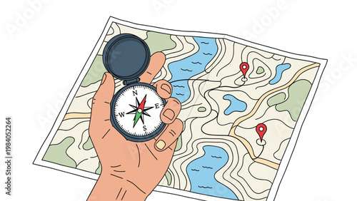 Hand holding a traditional magnetic compass over a paper topographic map with red destination location pins marked on it.