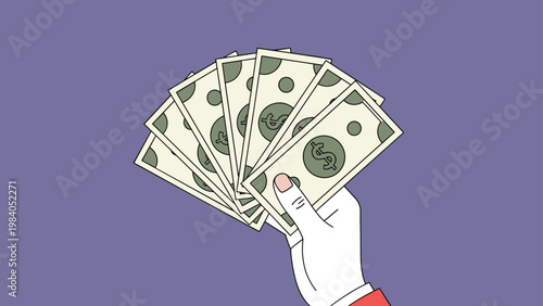 Close up of a person holding a fan of hundred dollar bills against a solid purple background in a studio environment.