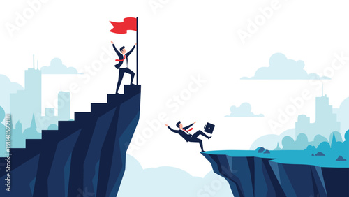 Success and failure concept with one businessman on a mountain peak while another businessman falls off a rocky cliff side.
