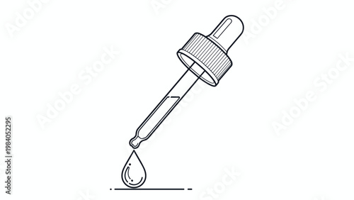 Medical pipette or eye dropper releasing a single liquid drop above a flat surface in minimalist black and white line art.