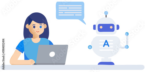 Woman interacts with a friendly robot assistant using a laptop