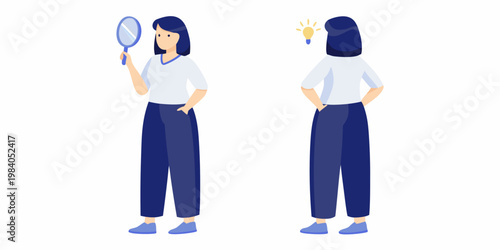Woman examining herself with a mirror and contemplating a bright idea