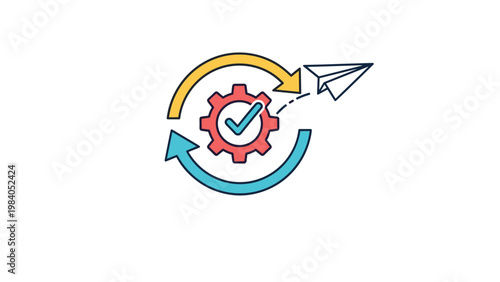 Project management and process optimization concept with a gear icon, circular arrows, and a paper plane launching symbol.