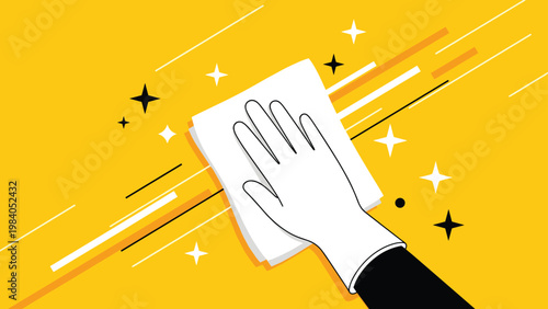 Cleaning service and hygiene concept with a gloved hand wiping a yellow surface with a clean white cloth leaving it sparkling.