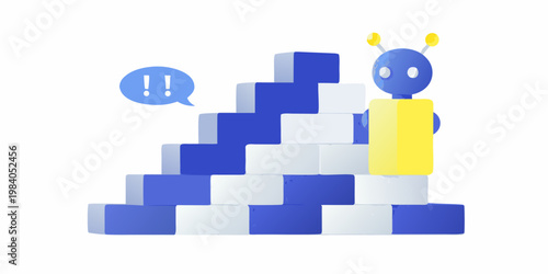 Blue robot climbs a staircase of building blocks with a speech bubble