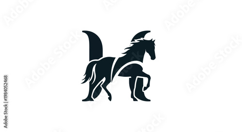 A black silhouette of a mythical horse-like creature with a long tail and flowing mane against a white background.