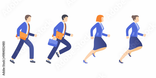 Four business professionals are depicted walking with purpose
