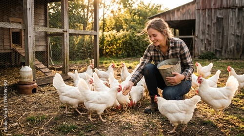 Woman feeding chickens on a farm at sunset, rural lifestyle, organic farming