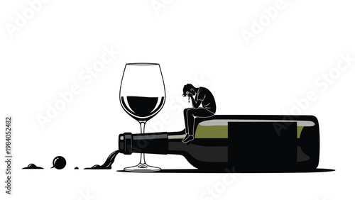Alcohol addiction and depression concept with a man silhouette sitting on a wine bottle next to a glass of red beverage.