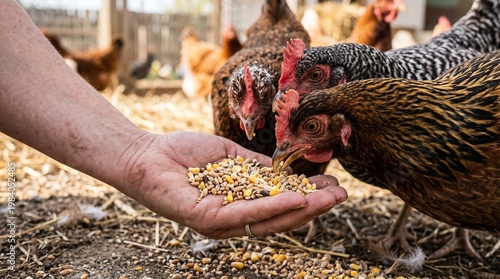 Hand feeding chickens grain at farm, close-up of birds eating from palm
