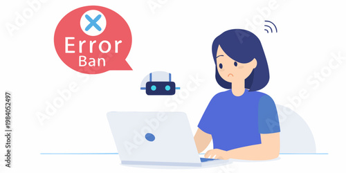 Woman facing computer error with a robotic ban notification