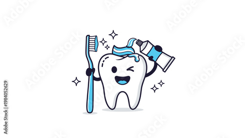 Cute cartoon tooth character holds blue toothbrush and applies mint toothpaste from tube for daily oral hygiene and dental care.