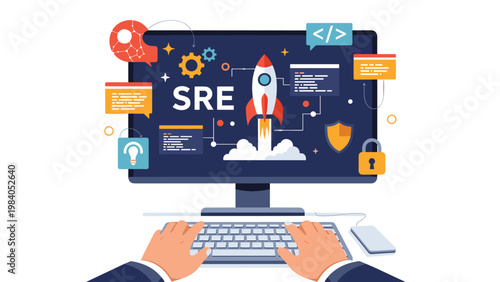 Site reliability engineering professional works on computer with cloud computing development and infrastructure monitoring tools.