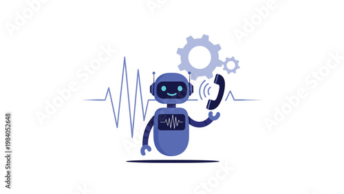 Artificial intelligence customer support bot holds phone receiver near gear wheels and audio wave frequency line on white backdrop.