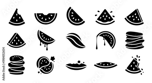 Collection of 15 unique black silhouette watermelon slice icons arranged in a clean grid layout. Featuring various creative shapes such as bitten slices, abstract cuts, layered wedges