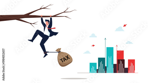 Heavy tax burden metaphor depicts businessman hanging from tree branch with large tax bag tied to ankle over financial bar charts.