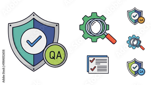Quality Assurance QA Icon Set, Business Standards and Compliance Symbols, Colorful Vector Icons for Quality Control Management and Process Auditing