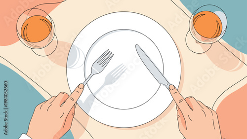 Proper table manners and restaurant dining etiquette shown from top view with person holding fork and knife over empty white plate.