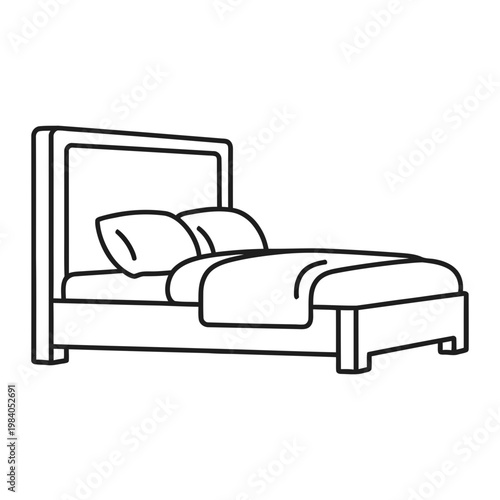 Outline graphic of a bed with pillows and duvet line art white background