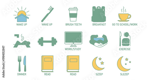 Morning Routine Icons Flat Design.