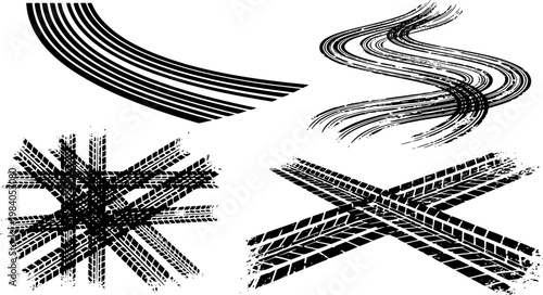 Tire tread marks after skidding, launch, drift, powerslide in motorsport, rally, off-road, motocross. Wheel texture with splash effect. Vector, transparent background EPS version.