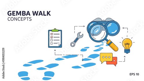 Gemba Walk Lean Management Icon Set, Workplace Observation and Inspection Symbols, Colorful Vector Icons for Industrial Leadership and Process Audit