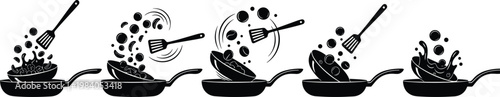Cooking food preparation in frying pan with spatula tossing ingredients stir fry process vector illustration silhouette.