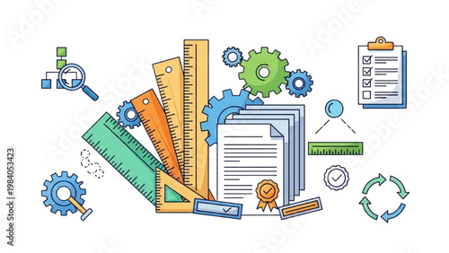 Process Standardization Icon Set, Business Rules and Quality Compliance Symbols, Colorful Vector Icons for Operational Excellence and Lean Management